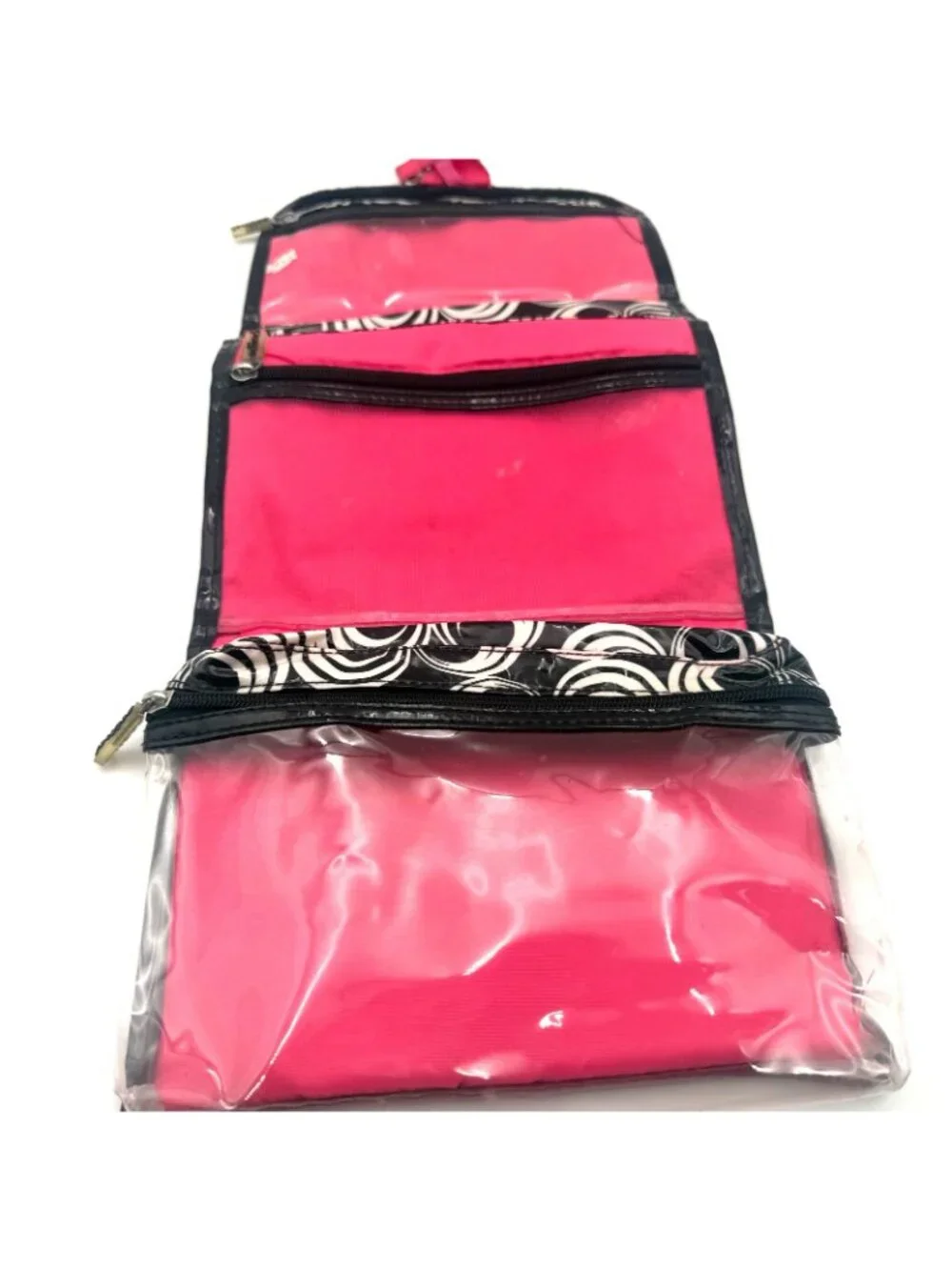 Scunci Hanging Travel Cosmetic Makeup Organizer Bag Black White Circle Print